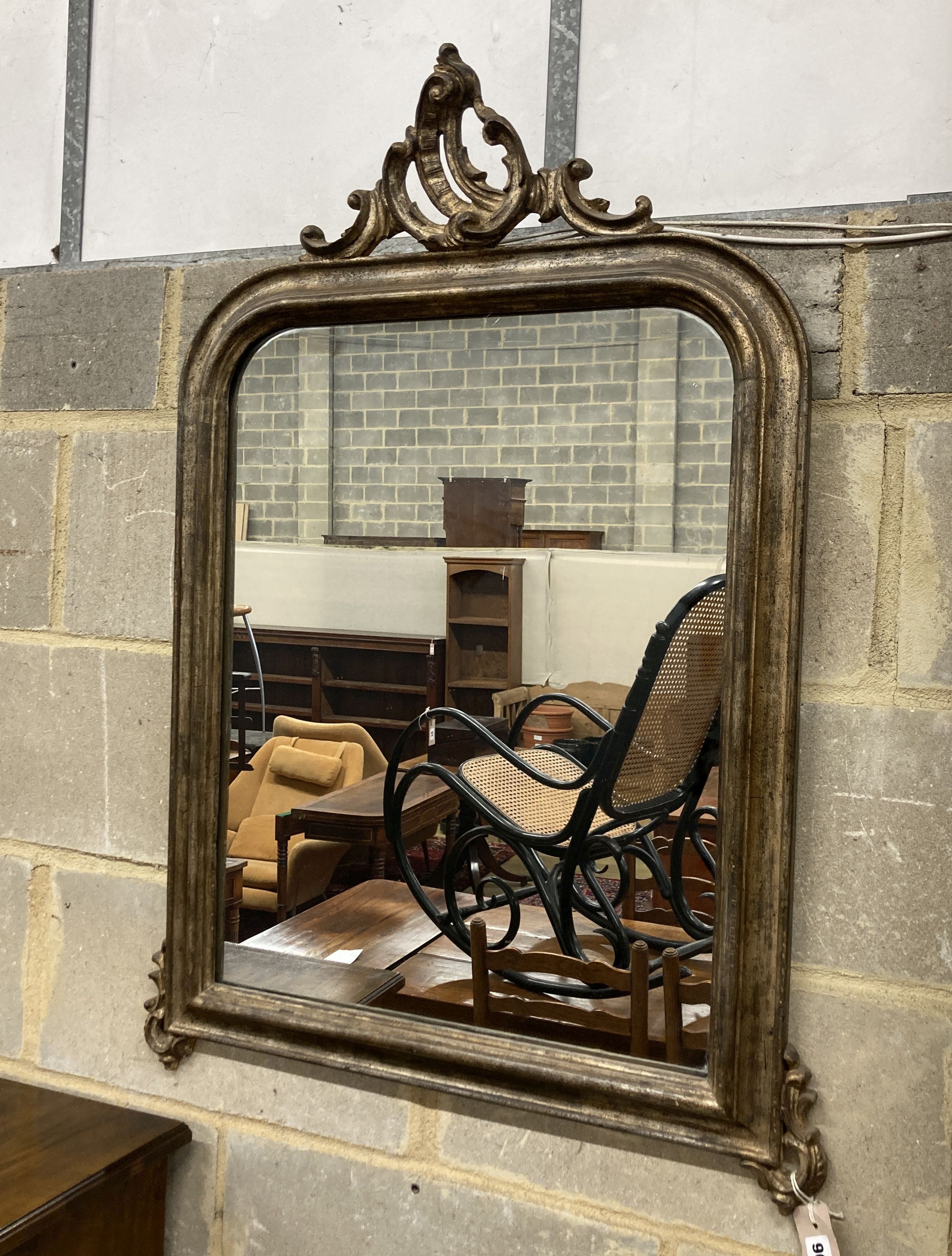 A French giltwood wall mirror with pierced scroll pediment, width 66cm, height 90cm